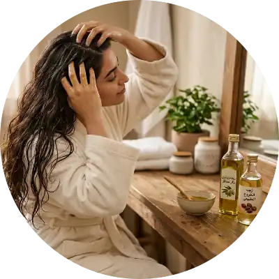 امرأة تدلك فروة رأسها بخليط من زيت الزيتون وزيت الخروع، وتظهر زجاجة "زيت زيتون بكر ممتاز" لفوائد زيت الزيتون للجسم وتكثيف الشعر.