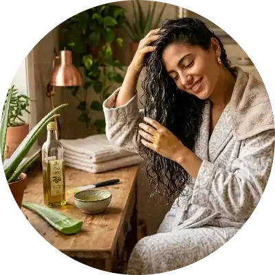 امرأة مبتسمة في برنس حمام أبيض تدلك شعرها المبلل بخليط من جل الألوفيرا وزيت الزيتون، كمرطب عميق يوضح فوائد زيت الزيتون للجسم والشعر.