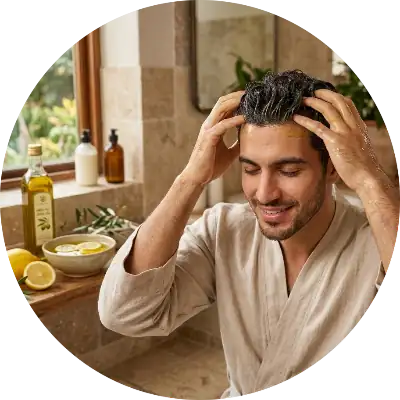 صورة دائرية مقربة لامرأة في برنس حمام أبيض تدلك شعرها المبلل بخليط من زيت الزيتون وعصير الليمون لعلاج القشرة. تظهر العناصر الأساسية: زجاجة زيت زيتون، نصف ليمونة، ووعاء الخلط على الطاولة، مما يبرز الاستخدامات التجميلية ضمن فوائد زيت الزيتون للجسم.