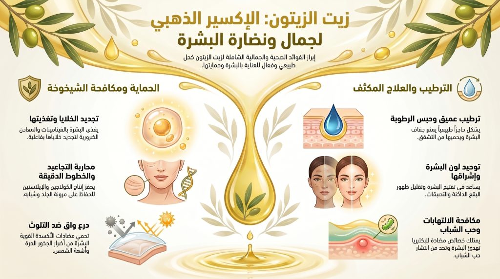 إنفوجرافيك يوضح فوائد زيت الزيتون للجسم والبشرة، ودوره كإكسير ذهبي في الترطيب العميق، مكافحة الشيخوخة، علاج حب الشباب، وتجديد الخلايا.