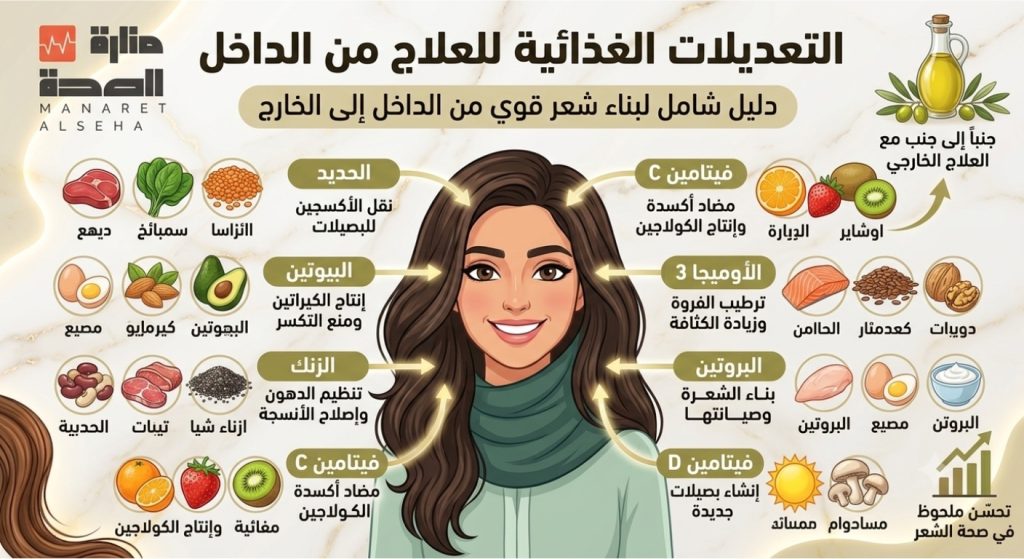 أنفوجرافيك من منارة الصحة يوضح أهم المغذيات والأطعمة لعلاج تساقط الشعر من الداخل، مثل الحديد، البروتين، الزنك، وأوميجا 3، مع رسم بياني يوضح تحسن صحة الشعر.