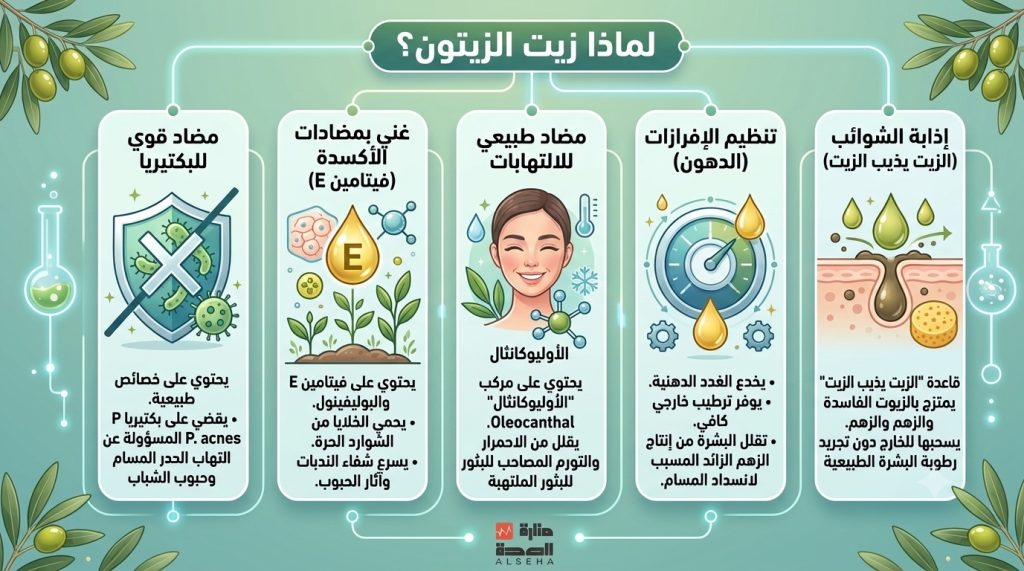 إنفوجرافيك طبي يوضح الفوائد العلمية الخمس لزيت الزيتون ودوره كحل طبيعي وفعال في علاج حبوب الشباب في الوجه، بما في ذلك القضاء على البكتيريا وتقليل الالتهابات.